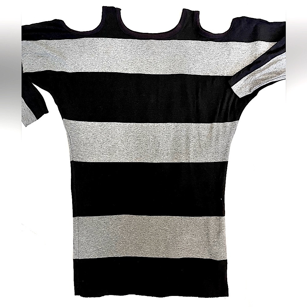 NWOT Bailey 44 Black and Grey Horizontal Stripes Cold Shoulder Women’s Top
